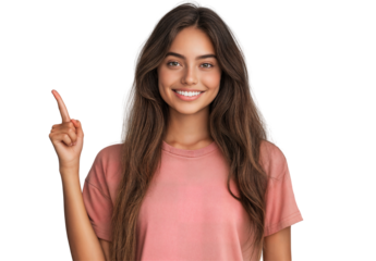 Happy Brunette Woman Pointing Up