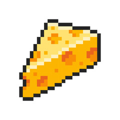 Pixel cheese with holes isolated on transparent background. Pixelated badge, game asset or computer arcade item. Swiss cheese icon. Vector pixel art illustration in 16 bit old style.