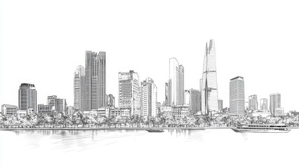 Fototapeta premium Ho Chi Minh City Skyline Sketch - Modern metropolis, dynamic lines, urban landscape, architectural design, cityscape illustration