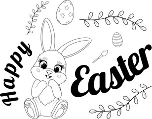 Obraz premium Happy Easter Day – black and white illustration with Easter bunny and eggs