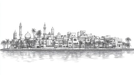 Fototapeta premium Jeddah Waterfront Line Art Illustration - Picturesque line art of Jeddah's waterfront, symbolizing coastal beauty, architectural heritage, cultural richness, Islamic architecture