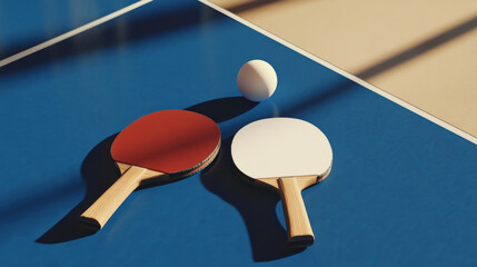 A ping pong paddle and ball lie on a ping pong table