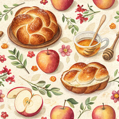 Seamless Rosh Hashanah table setting background with challah, apples, and honey in warm tones, cozy and inviting scene  