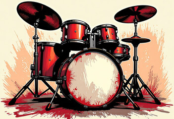 Red drum kit illustration for music websites, World Rock and Roll Day promotions, and rock band merchandise featuring classic percussion instrument