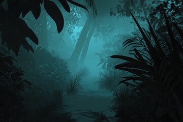 Fototapeta premium Mysterious Jungle Pathway Surrounded by Lush Greenery and Fog