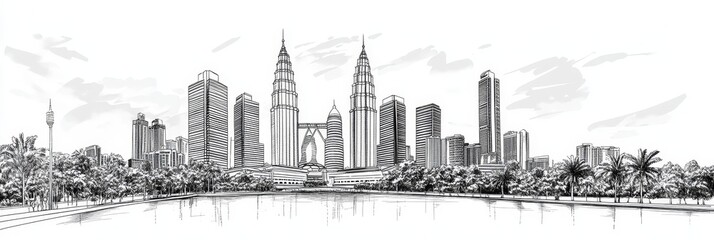 Obraz premium Kuala Lumpur Skyline Line Art Panorama - A stunning grayscale line art illustration of Kuala Lumpur's skyline, showcasing iconic skyscrapers, lush greenery
