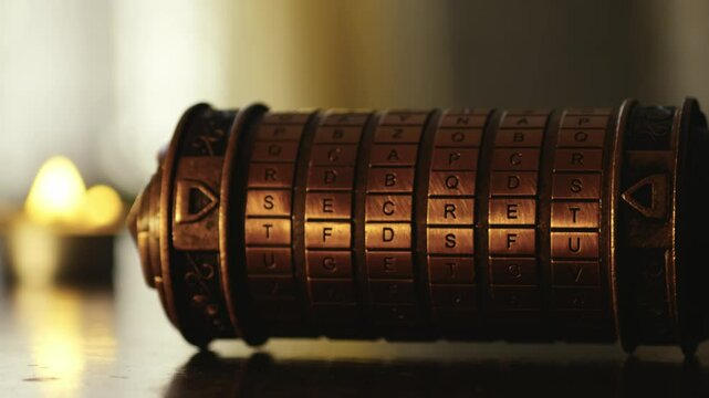 Cryptex word code puzzle spells out 'secret' in candlelit escape room CLOSE-UP