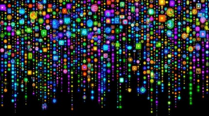 Obraz premium Colorful shapes cascade downward; digital, vibrant spectrum against dark void