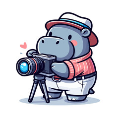 Obraz premium Professional photographer hippo with camera and tripod. Vector illustration for photography services, travel documentation or creative content production.