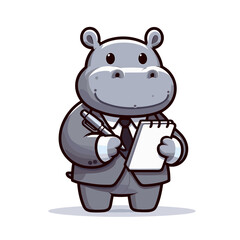 Naklejka premium Business hippo taking notes on clipboard in formal suit. Vector illustration for office work, administrative services or corporate training concepts.