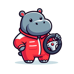 Naklejka premium Gray hippo in red racing jumpsuit holding steering wheel. Vector illustration perfect for sports themes, competition concepts or children's car racing games.