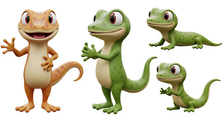 Obraz premium Animated Cartoon Gecko Characters Posing on a White Background