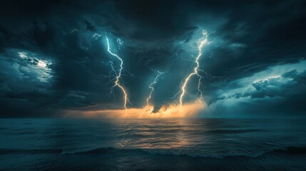 Fototapeta premium multiple lightning bolts branching across the sky over a vast ocean, casting an eerie glow on the waterâ€™s surface during a fierce storm. 