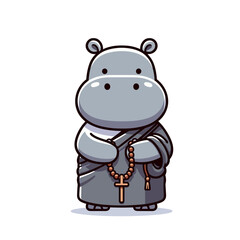 Fototapeta premium Monk hippo in gray robe holding prayer beads. Vector illustration perfect for spiritual content, meditation practices, religious themes, and mindfulness concepts.