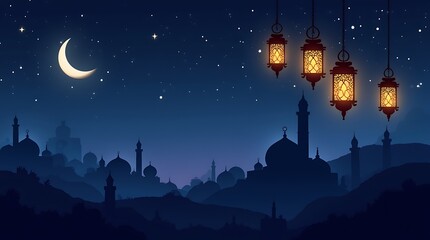 Naklejka premium Ramadan Kareem Night: Crescent Moon, Lanterns & Mosque Silhouette - Islamic Holiday Background Illustration, Festive Eid Mubarak Wallpaper