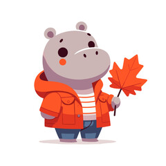 Naklejka premium Autumn hippo in orange jacket holding maple leaf. Vector illustration for fall season content, nature walks or seasonal fashion collections.