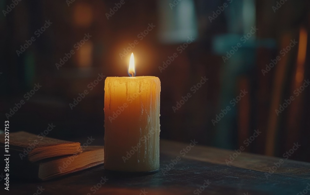 Poster a single candle flickering on an old wooden table, casting warm light and creating a cozy atmosphere