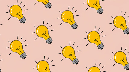 Repeating pattern of yellow lightbulbs on a pink background, symbolizing ideas, innovation, and creativity, perfect for presentations or websites