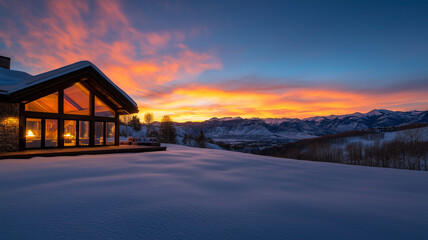 stunning luxury home in mountains of Montana, surrounded by snow and breathtaking sunset. warm glow from windows contrasts beautifully with cool winter landscape