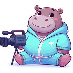 Fototapeta premium Hippo videographer in turquoise pajamas holding camera. Vector illustration ideal for media production company branding or children's entertainment channel mascot.