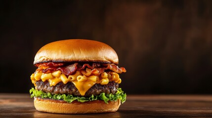 Juicy burger with bacon and mac and cheese on a rustic wooden table, perfect for food photography