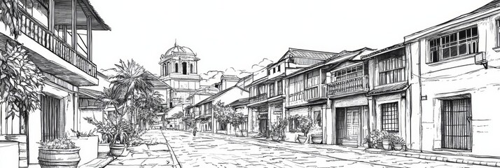 Naklejka premium Spanish Colonial Street Scene Line Art - Black and white line art depicting a charming Spanish colonial street scene, symbolizing history, architecture, tranquility, culture, and heritage