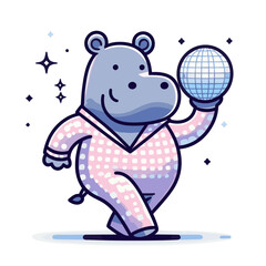 Obraz premium Disco hippo in sparkly outfit holding mirror ball. Vector illustration for dance events, retro parties or entertainment venue promotions.