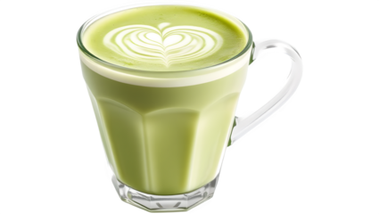 A glass cup filled with matcha latte, featuring intricate latte art on the surface.
