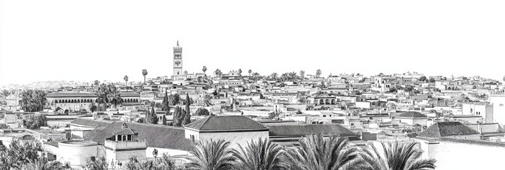 Obraz premium Moroccan City Panorama: A Line Art Cityscape - Historic Moroccan architecture, traditional city life, cultural heritage, panoramic view, architectural details