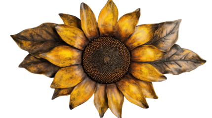 Decorative sunflower with leaves on transparent background