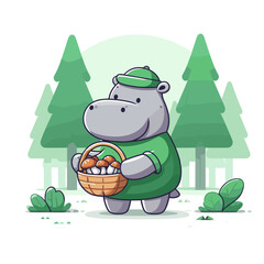 Forager hippo in green outfit with mushroom basket in forest. Vector illustration perfect for nature exploration themes or children's educational content.
