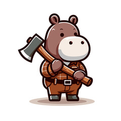 Naklejka premium Lumberjack hippo in plaid shirt with axe. Vector illustration concept for forestry service mascot or rugged outdoor lifestyle brand character.