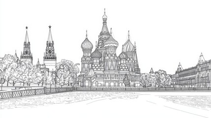 Naklejka premium Moscow Red Square Line Art Sketch - A captivating line art illustration symbolizing Moscow's iconic architecture, historical significance, Russian culture, religious heritage, and urban landscape