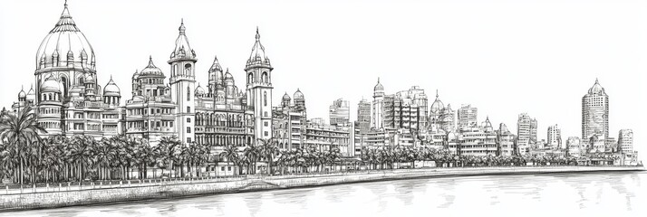 Mumbai Skyline Pen and Ink Drawing - Elegant line art depicting Mumbai's architectural beauty, symbolizing history, culture, progress, coastal charm, and urban vibrancy