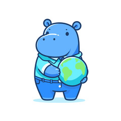Blue hippo environmentalist holding Earth globe. Vector illustration ideal for conservation themes, ecological awareness, planet protection and environmental education concepts.
