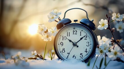 Vintage alarm clock in the snow surrounded by blooming spring flowers, symbolizing the transition from winter to spring. Time concept with morning sunlight and nature's rebirth in a peaceful outdoor s