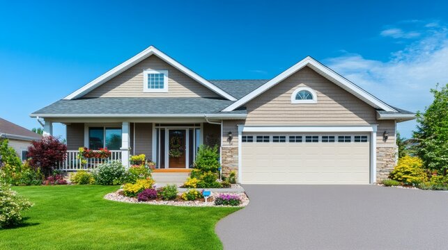 A well maintained residential house with nice landscaping and a blue sky