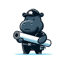 Naklejka premium Construction hippo in black outfit carrying blueprint rolls. Vector illustration ideal for architecture firms, building projects, and industrial development services.