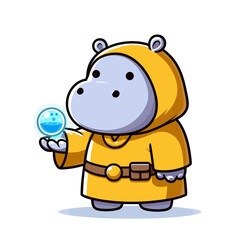 Naklejka premium Explorer hippo in yellow raincoat examining crystal ball. Vector illustration ideal for weather forecasting, adventure themes, and mystical discovery concepts.