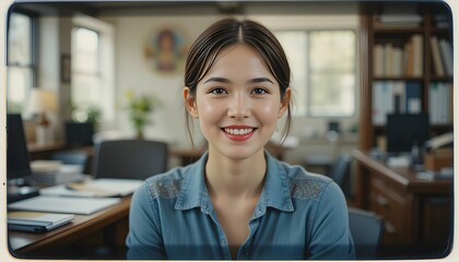 A woman smiling softly in a cozy office 