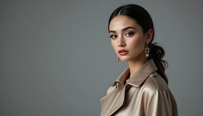 A striking portrait of a stylish woman in a luxurious silk trench coat, standing in front of a minimalist gray backdrop