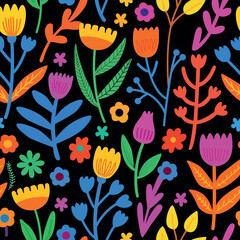 Colorful floral pattern with vibrant flowers and leaves on a black background