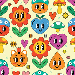 Colorful cartoon characters and cheerful floral designs create a vibrant, playful pattern on a light background