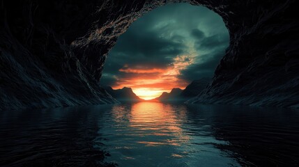 Dramatic Sunset View from a Dark Cave Over Water