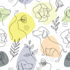 Colorful abstract design featuring dogs and human faces on a light background