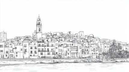 Algerian Coastal Cityscape Line Art Sketch - A picturesque sketch of an Algerian coastal city, showcasing Spanish architectural influences, a bustling harbor