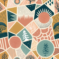 Colorful geometric pattern featuring nature elements in a modern design style