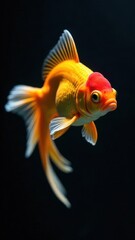 Fototapeta premium A goldfish with striking orange and red coloring glides through a dark aquarium. Its fins gently move showcasing its vibrant hues and calm demeanor in the tranquil environment.