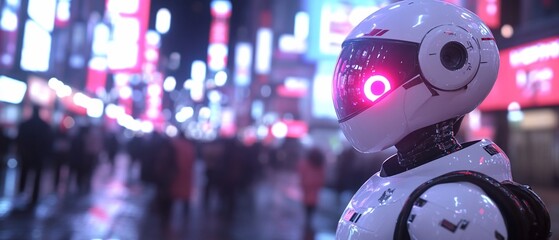 Futuristic robot in a vibrant urban setting at night.