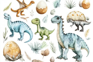 Watercolor Dinosaurs Pastel Colored Baby Dinosaurs with Eggs and Foliage